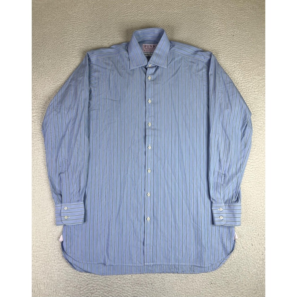 PINK Dress Shirt Mens 16 34/35 Blue Stripe Classic Fit Cotton Made In Ireland LS